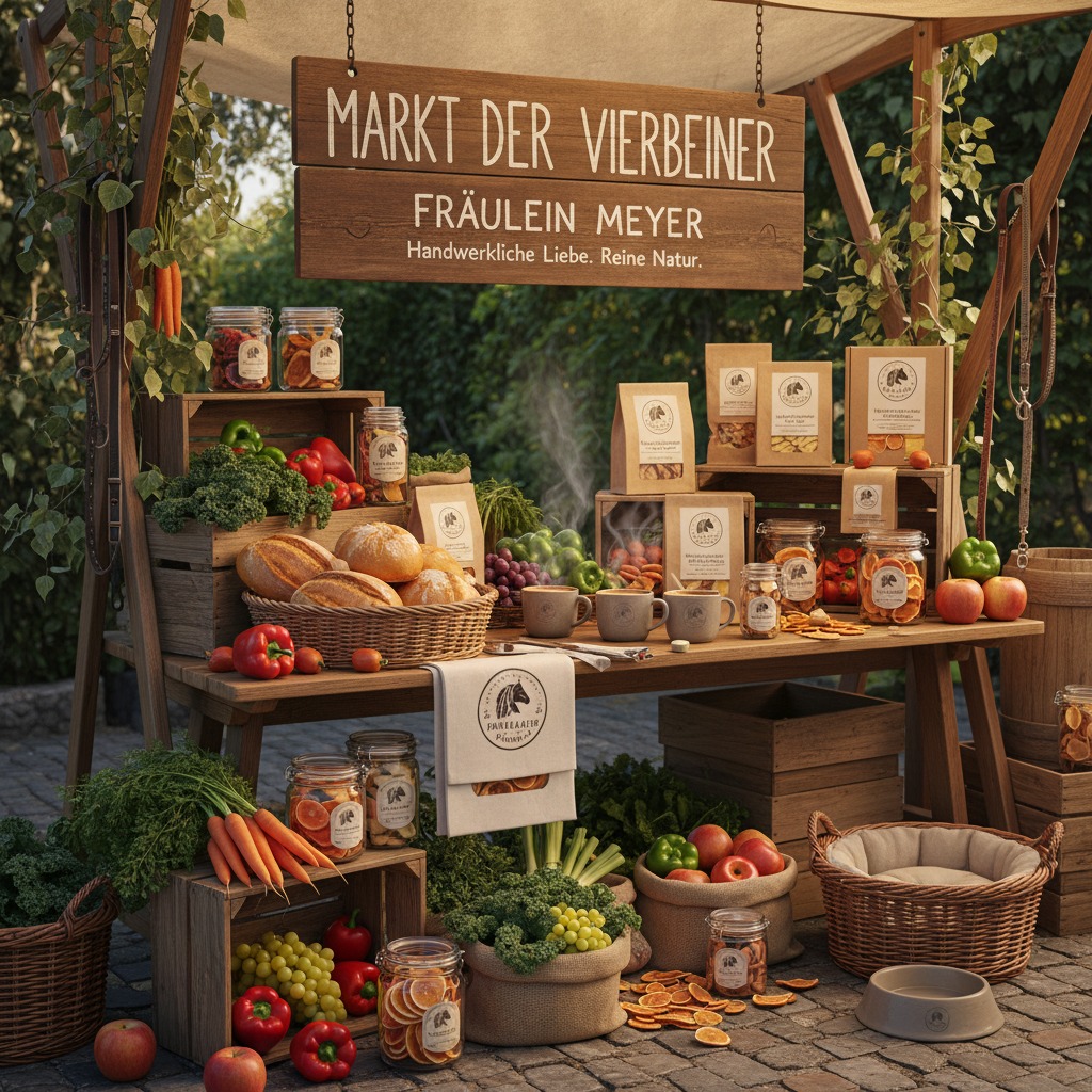 Ein liebevoll gestalteter Marktstand präsentiert naturnahe Tiernahrung in Gläsern und Papiertüten, umgeben von frischem Gemüse und Brot.